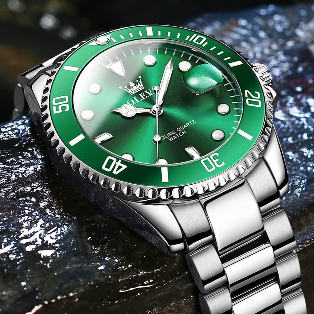 OLEVS Classic Big Face Men's Business Dress Watch Green Black White Blue Dial Luminous Quartz Stainless Steel Round Flywheel Multi-function