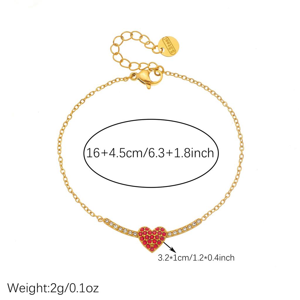 DIEYURO 316L Stainless Steel Gold Plated Red Rhinestone Heart Bracelet Lady Dainty Link Chain Adjustable Charm Hand Chain