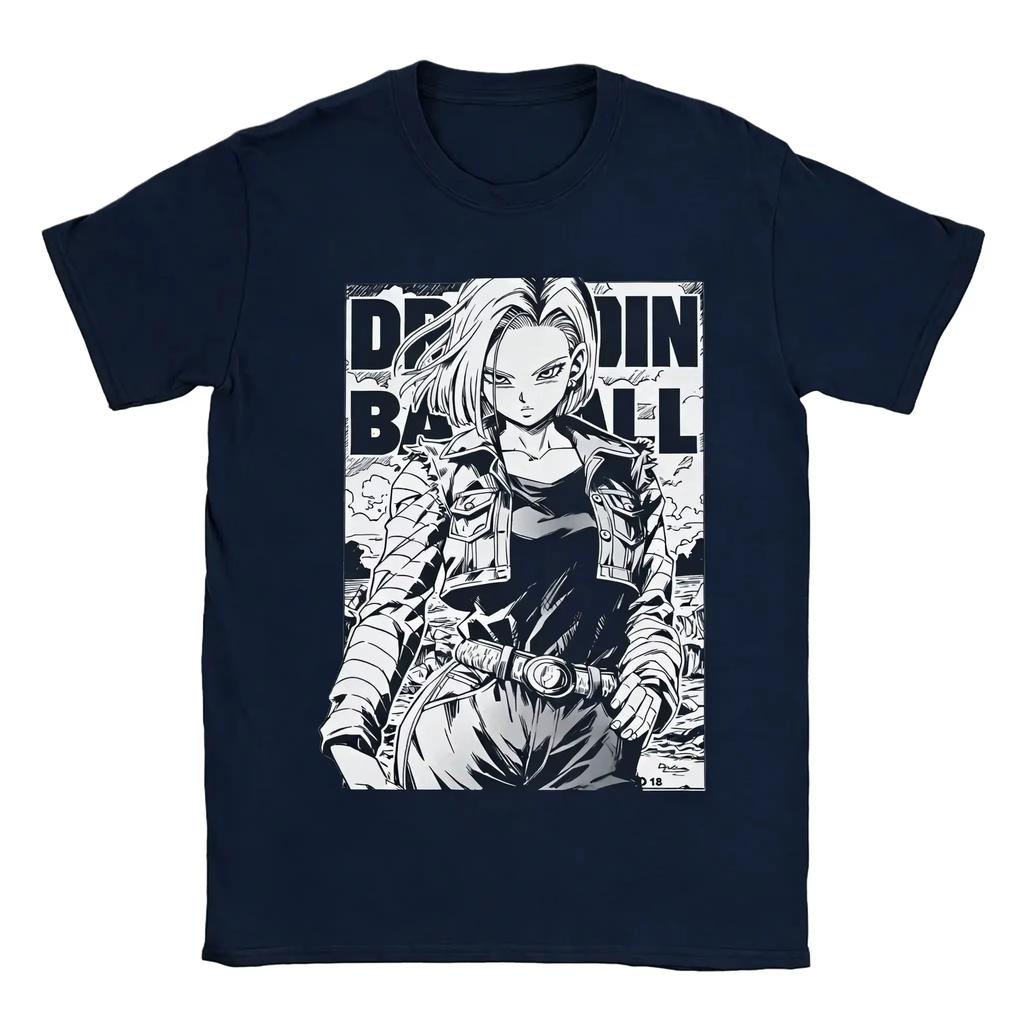 Summer Dragon Ball Android 18 Vintage Anime T-shirt Men's Pure Cotton Washed Tees Casual Loose Short Sleeve