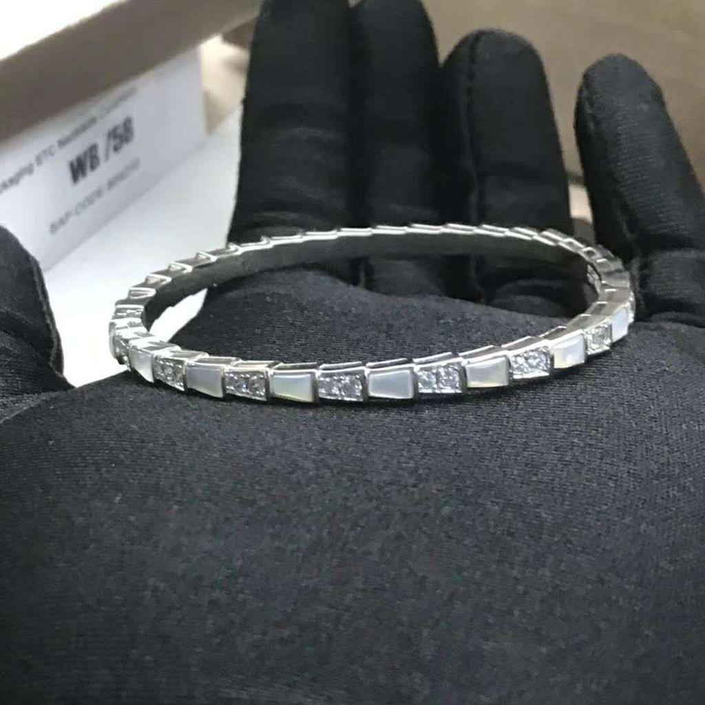 Sterling Silber Schlangenarmband mit Voll-Diamanten, natürlichem Perlmutt & Achat, in Pfauengrün für Paare - Unisex Europäischer & Amerikanischer Stil