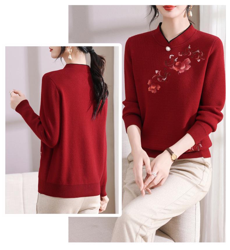 Embroidered Velvet Knit Sweater for Women - Autumn/Winter, Versatile & Warm for Middle-aged/Elderly