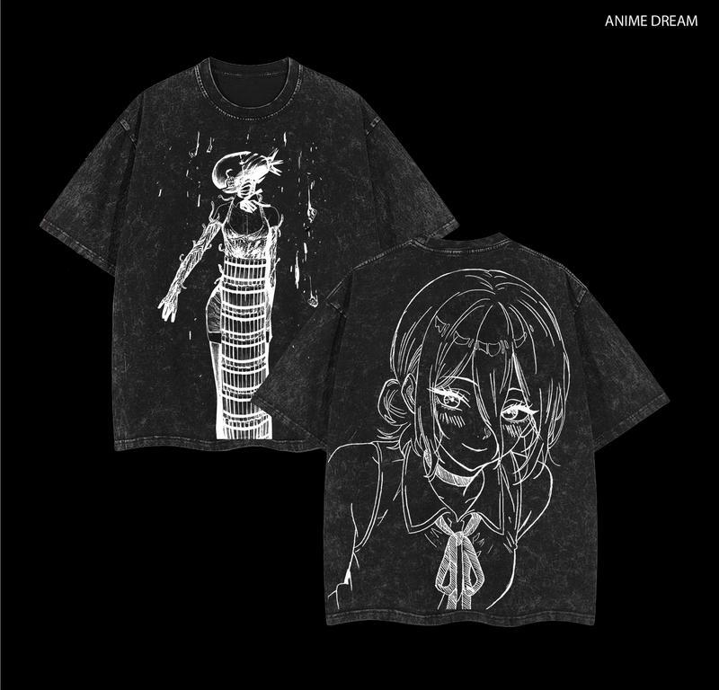 Manga Chainsaw Man Reze Bedrucktes T-Shirt Trendiges Vintage Gewaschenes T-Shirt Lässiges Baumwoll Oversize Tee Streetwear Herren Damen Kleidung