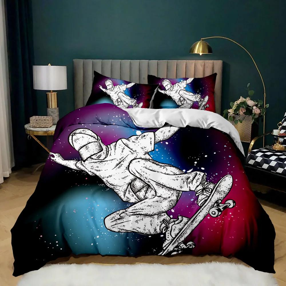 Skateboard Duvet Cover Set Hip Hop Style Bedding Set Colorful Rainbow Tie-Dye Hippie Abstract Graffiti Art Polyester Qulit Cover