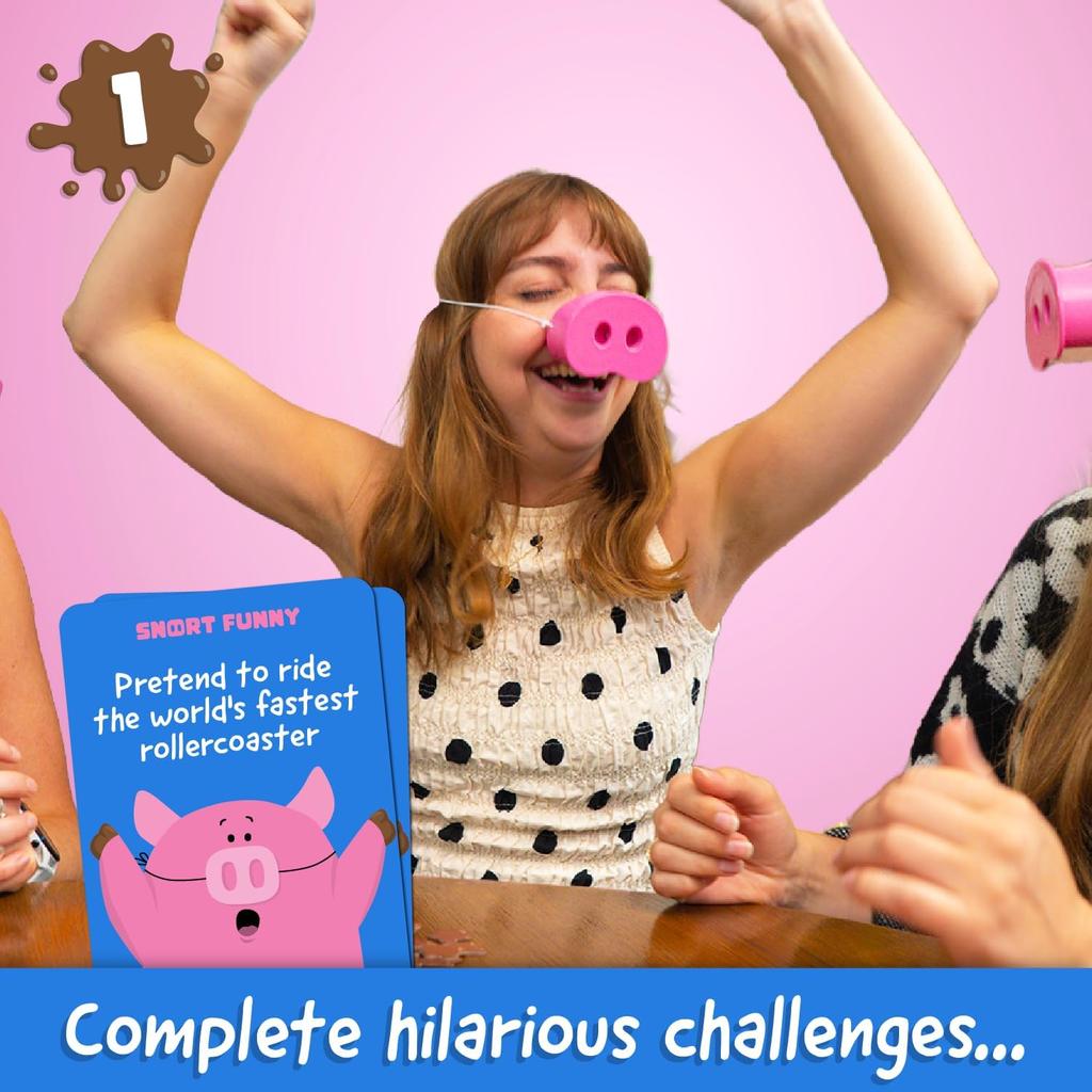 Snort Divertente L'Incredibile Tu Ridi Perdi Gioco da Tavolo Giochi per Famiglie per Bambini e Adulti 150 Carte Sfida 5 Musi di Maiale e Gettoni Fango, Giochi Divertenti