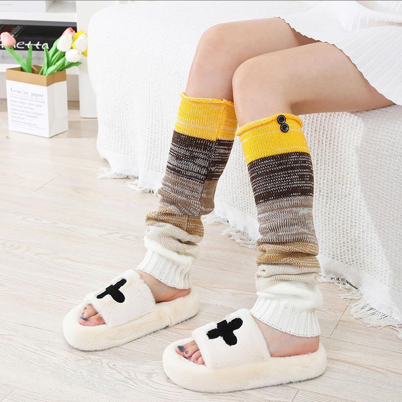 Autumn Winter New Women Shoe Covers Knee Pads Mixed Color Striped Buttons Long Over The Knee Knitted Warm Pile Sock Covers