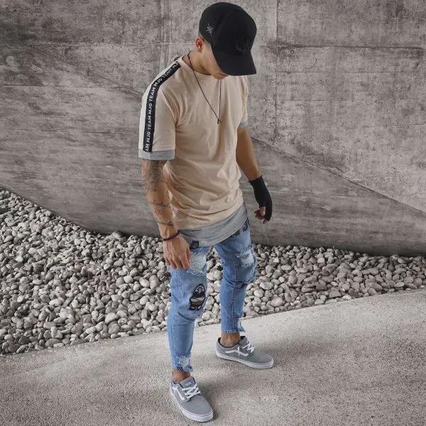 European and American Men's Ripped Badge Skinny Jeans