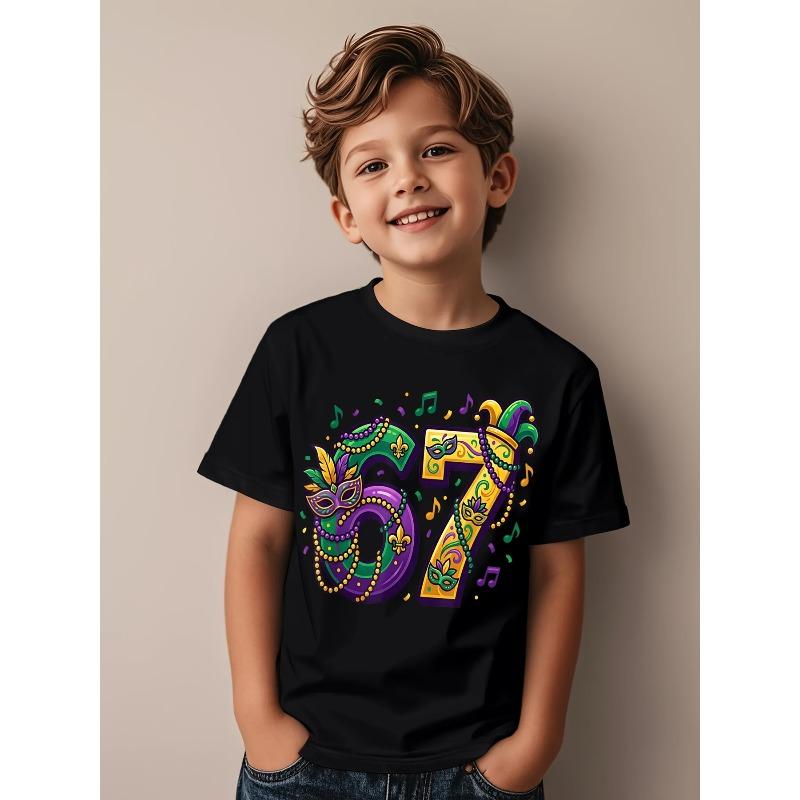 

European sizes Mardi Gras 67 New Orleans Retro T-Shirt for Boys - Vintage Number 67 Print, Casual Kids Wear Suitable for Birthday Gifts 98cm чёрный