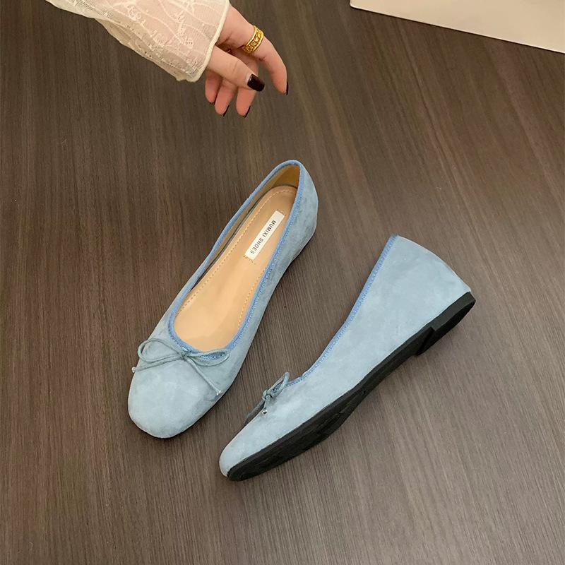 French inner heightening suede ballet single shoes women's shoes 2025 new spring and autumn bow red evening shoes