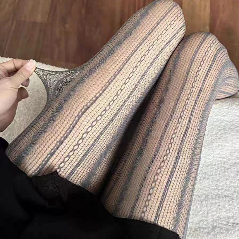 Sexy Striped Floret Fishnet Pantyhose For Female Women'S Red Brown Lace Tights Gothic Elastic Hollow Out Mesh Leggings Pants