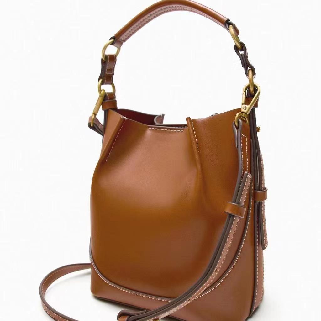 2024 New ZA Women's Bag Brown Pleated Bundle Mouth Carrying Bucket Bag Wide Shoulder Strap Crossbody Bag Bag Women All Match
