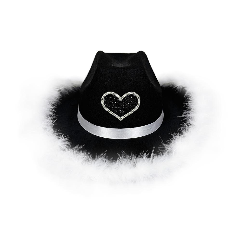 Rhinestone Love Heart Women Glitter Cowboy Hat Fur-edged Cowgirl Hats Women Funny Performance Costume Cosplay Hat for Wedding