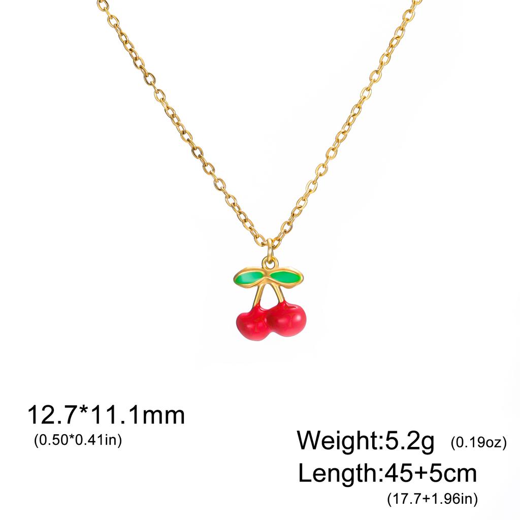 Teamer Enamel Cherry Charms Necklace Gold Color Stainless Steel Sweet Choker For Woman Girls Trendy Jewelry Gift Wholesale New