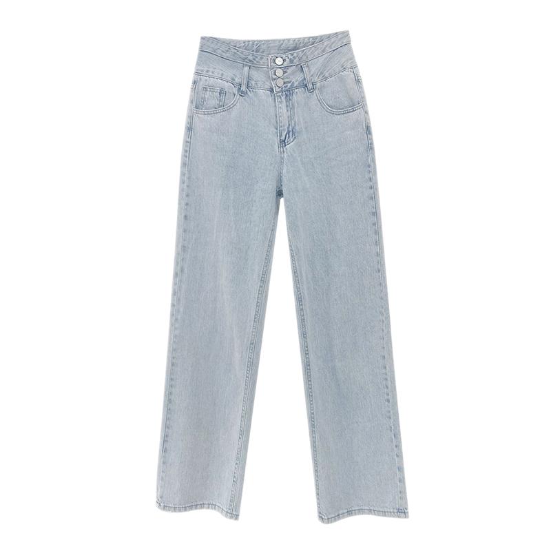 

Retro High-waisted Breasted Jeans Lady s New Style Drape Loose Straight Wide-leg Trousers Thin Mopping Pants Light Blue S