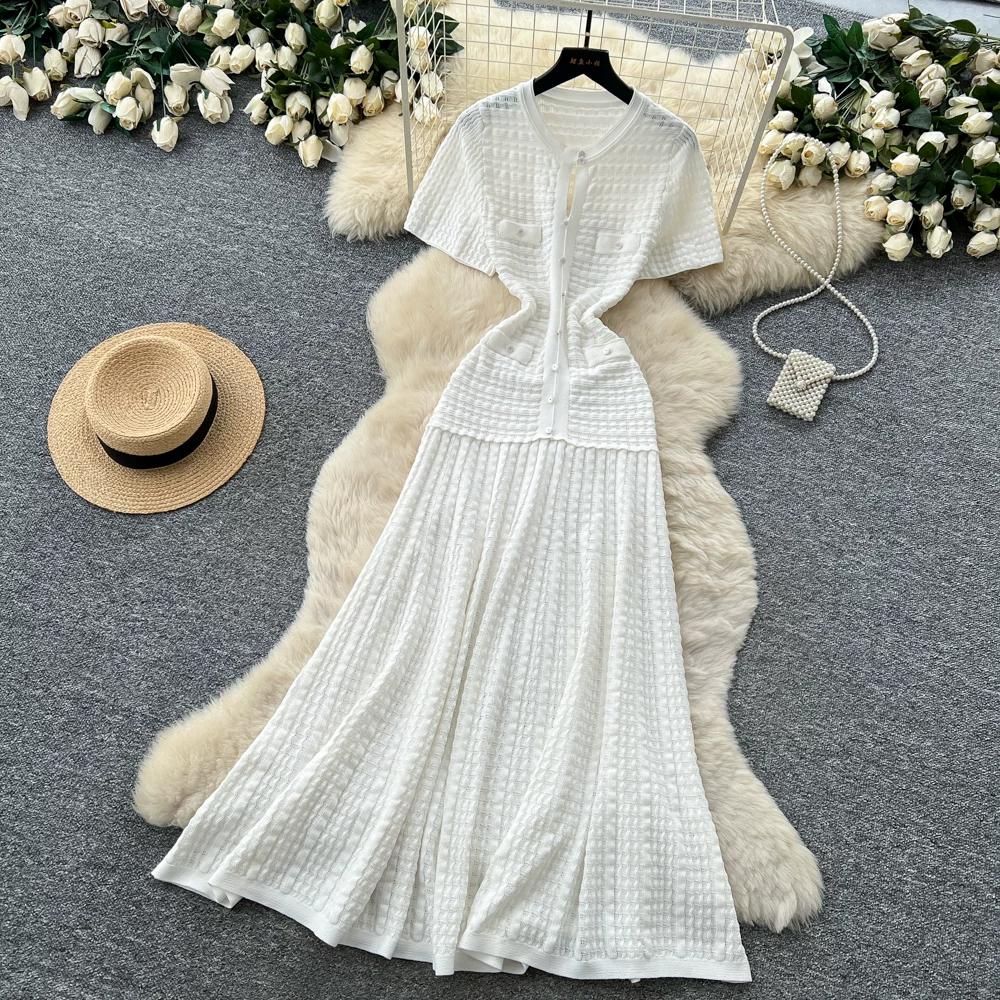 Summer Autumn Knitted Sweater Dress for Women Fashion Short Sleeve Single-breasted Hollow Out Elastic Simple Prom Dresses