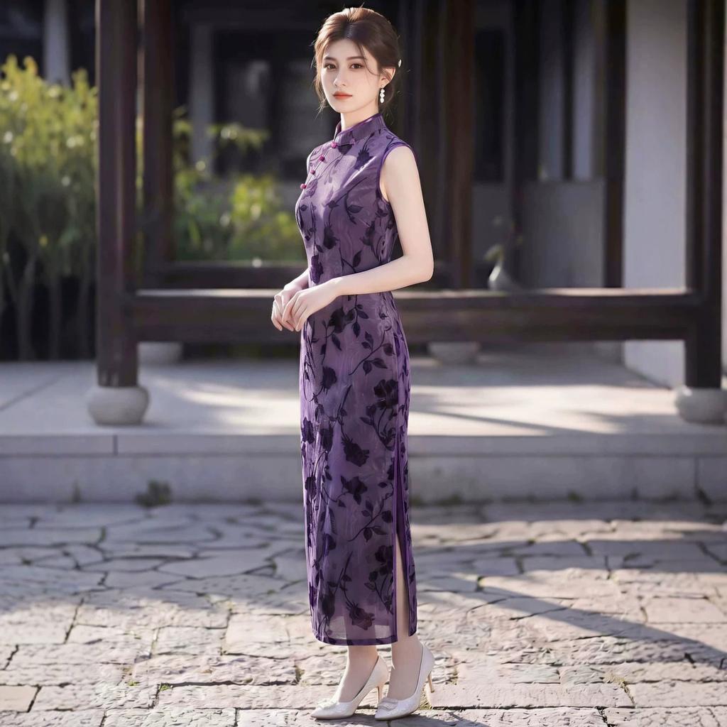 Purple Sleeveless Flocked Cheongsam 1011 New Summer New Chinese Style Improved Young Slim Daily Dress Women