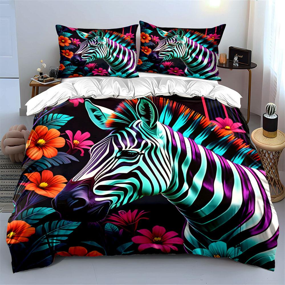 Zebra Floral Design Wall Art Multiple Sizes Kid'S And Adults' Bedroom Exquisite 3Pc Bedding Set, Gift