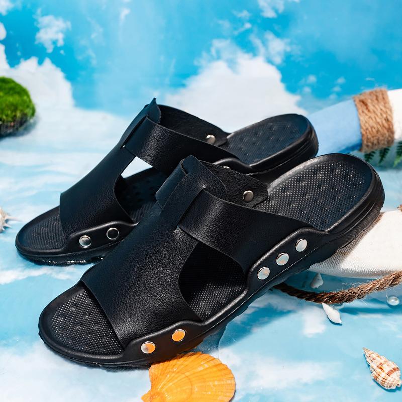 

Летние кожаные тапочки для мужчин, классические черные легкие шлепанцы, модные повседневные удобные нескользящие мужские тапочки 43 чёрный