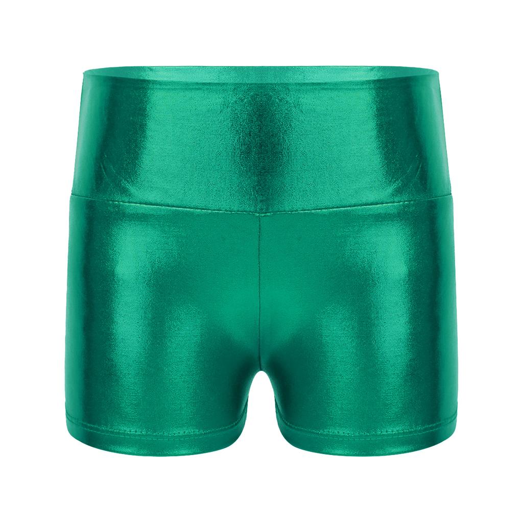 Solid Color Kids Girls Sports Gymnastic Active Wear Metallic Shiny High Waist Dance Shorts