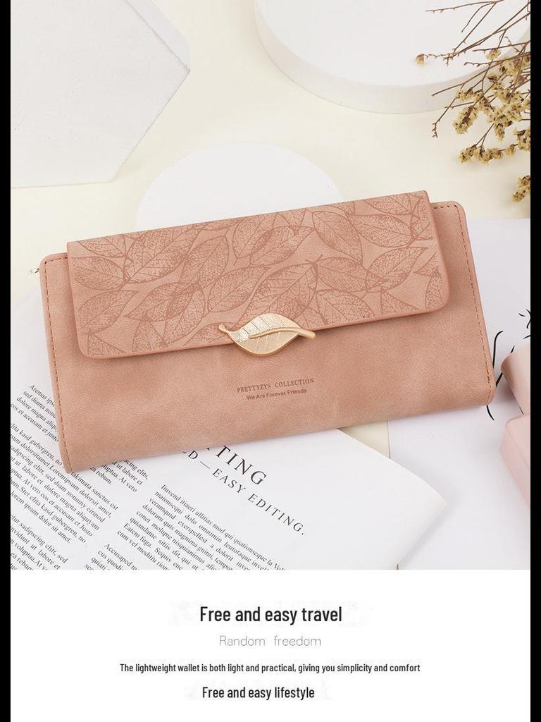 Women's Retro Leaf Buckle PU Leather Long Wallet & Clutch - Large Capacity