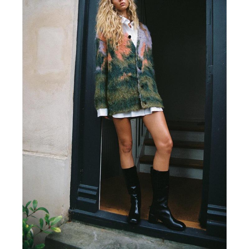 Vintage Mohair Print Knit Cardigan Women V-neck Fashion Long Sleeves Single Breasted Loose Sweater Autumn Chic High Streetwear Office Commute Tops S