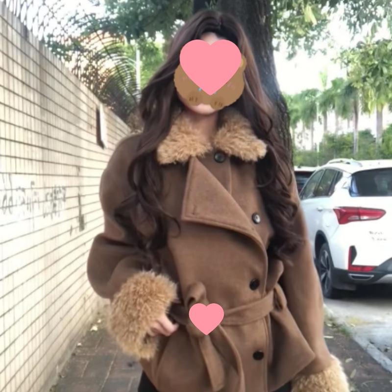 Women's Autumn Winter 2025 Retro Coffee Wool Coat - New Design, Tie-Up, Casual Loose Fit, Versatile Overcoat