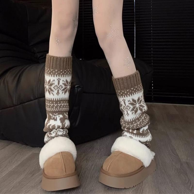 1Pair Women'S Autumn Winter Legwarmers Socks Retro Snowflake Leg Warmer Jk Lolita Girls Warm Knitted Leg Covers