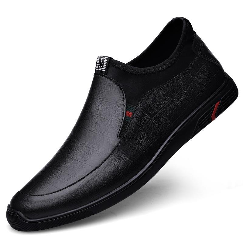 Embossed Plaid Pattern Autumn and Winter Outdoor Low-top Leather Shoes Four-season Models Fleece Warm Soft Leather Boots Flat Men's Shoes