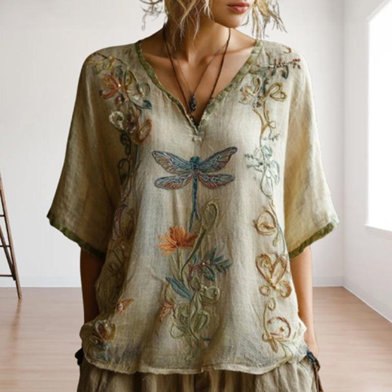 Retro V-neck Linen Dragonfly Short Sleeve Top