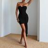 Abito lungo da donna in stile europeo alla moda con patchwork a nastro, senza spalline, vita alta, aderente