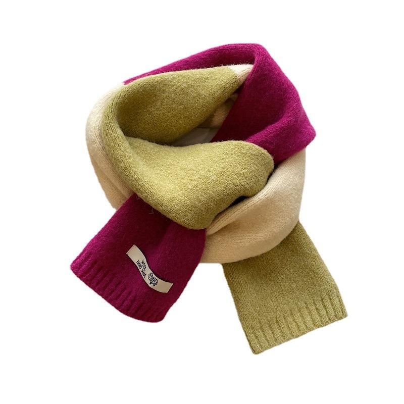 Rose Pink Color blocked Wool Knitted Scarf for Women Winter Ins Style Korean Version Versatile Warm Shawl Student Scarf Trendy