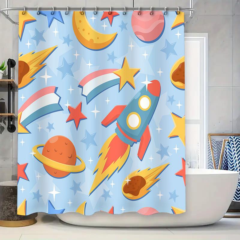 Whimsical Space Shower Curtain Cute Galaxy Pattern for Bathroom Decor Vibrant Rocket Design Planets Waterproof Fabric with Hook