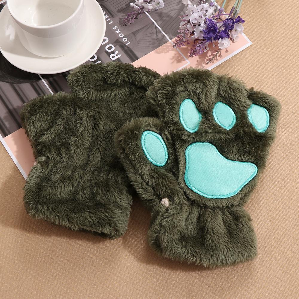 14Colors Fashion Warm Fluffy Winter Fingerless Bear Cat Paw Gloves Plush