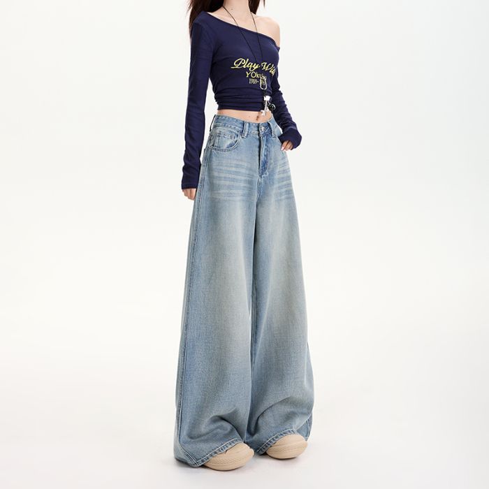 Spring Summer Trendy Comfy Lyocell Tencel Cotton Relaxed Wide Leg Denim Floor Pants Women Casual Pants Oversize Denim Trousers