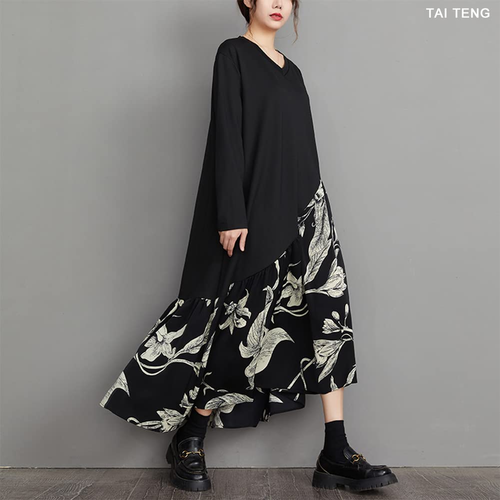 Maxi Long Floral Long One Loose Body Autumn Dress [TAITENG] Dress, Sleeve, Pattern, Switching, V-Neck, Length, Piece, Autumn, Oversized, Dress, Tunic,