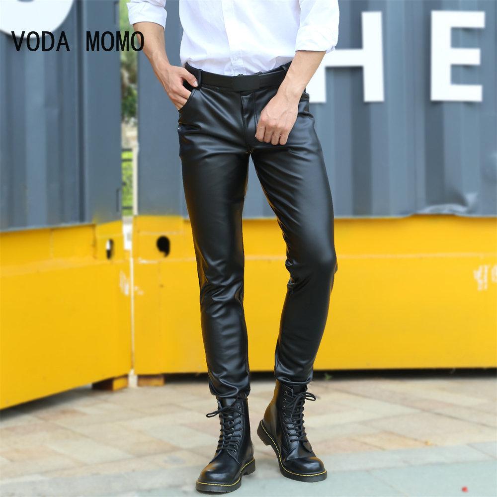 Men Leather Pants Skinny Fit Elastic Fashion Pu Leather Trousers Wet