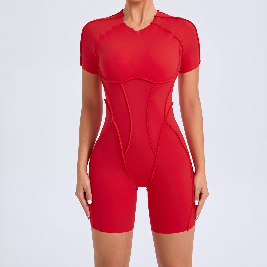 Patchwork Hollow-Back Sports Jumpsuit - Women's Tight One-Piece Fitness Outfit