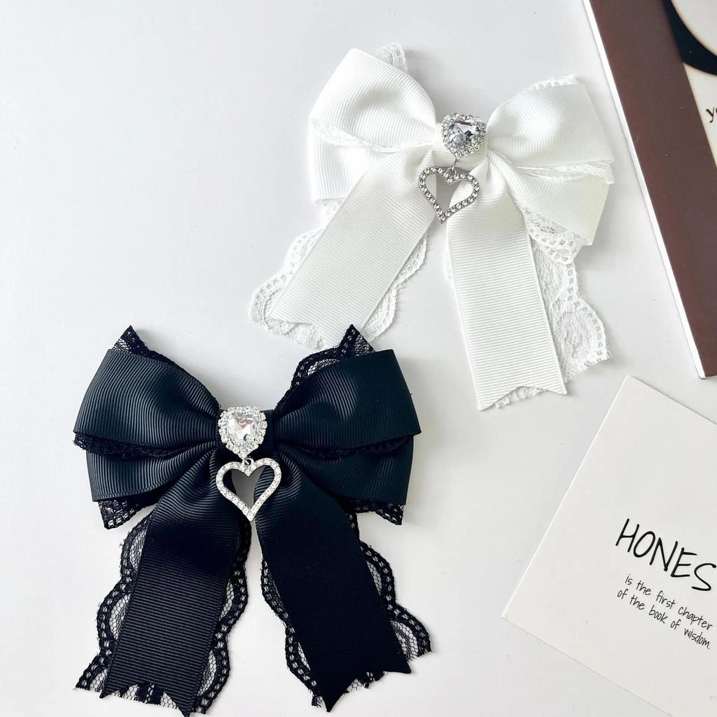 Korean Women's Lace Bow Tie Brooch Heart Shape Rhinestone Pendant Lolita Suit Skirt Accessories Pin Clips Handmade Jewelry Gift