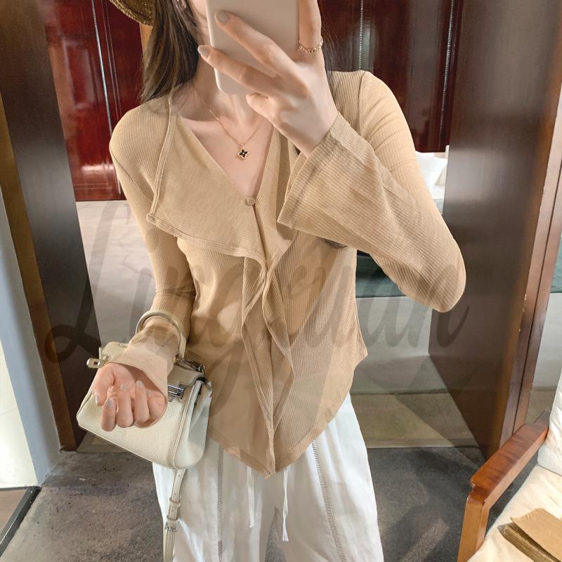 Elegant French Style Sheer Ruffled Collar Knit Top - Women s Summer 2026 Sun Protection Cover-Up XL хаки