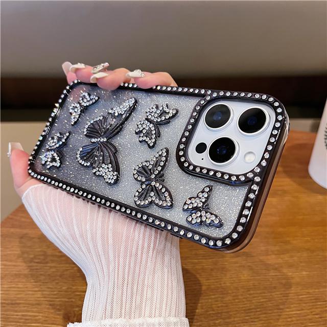 For iPhone 16 Pro Max Luxury Flash Glitter Butterfly Plating Frame Phone Case For iPhone 11 12 13 14 15 16 Plus Rhinestone Cover