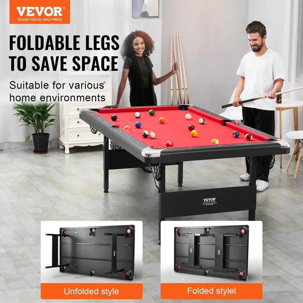 Billiards Table, 7 ft Pool Table, Portable Foldable Space-Saving Table, Billiard Table Set Includes Balls, Cues, Chalks and Brush, Black with Red