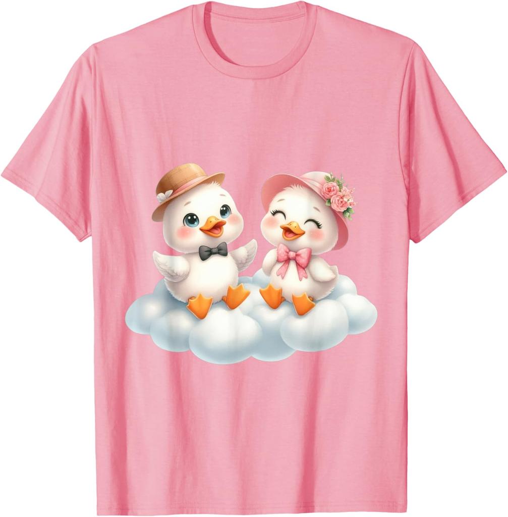 Cute Duck Couple Sitting on Cloud Graphic Print Cotton Casual Daily T-Shirt