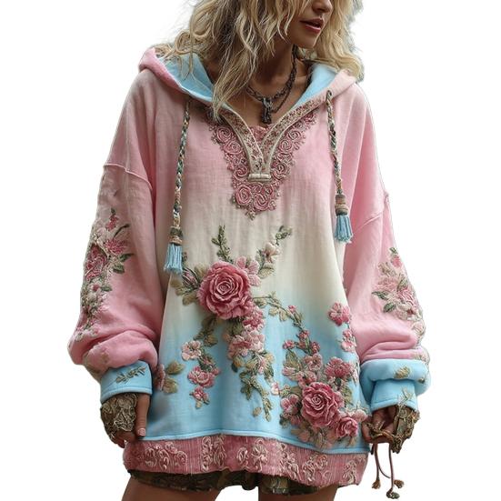 Hanorac patchwork cu imprimeu floral pentru femei, supradimensionat, vintage, pulover, toamnă, casual, mânecă lungă, ținută cu glugă
