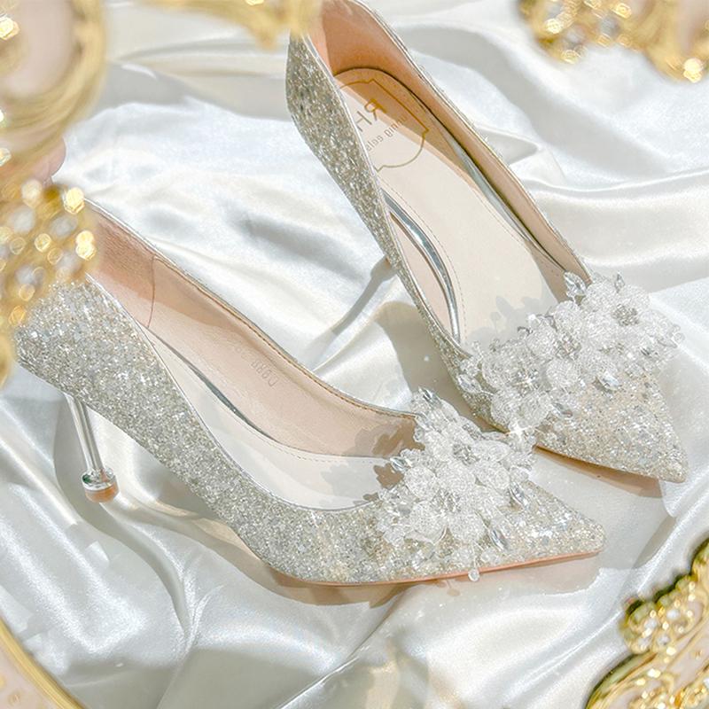 Fashion Brand Design Sequin Cloth Wedding Shoes Women 2025 Summer Pointed Toe High Heel Party Dress Pumps Luxury Glitter Flower Shoes