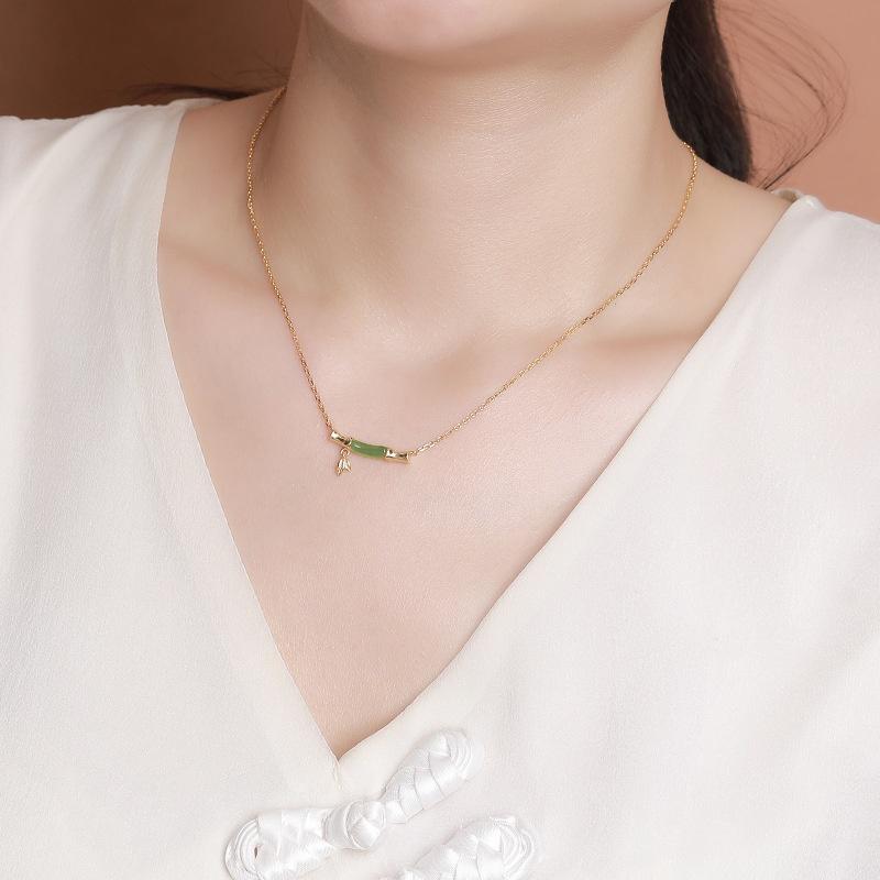 S925 Sterling Silver Gold Plated Hotan Jade Jasper Bamboo Necklace