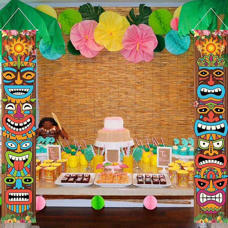 Tiki Banner Hawaiian Happy Luau Party Decoration Tiki Porch Sign Party Hawaii Aloha Tropical Banner Tiki Door Banner Carnival