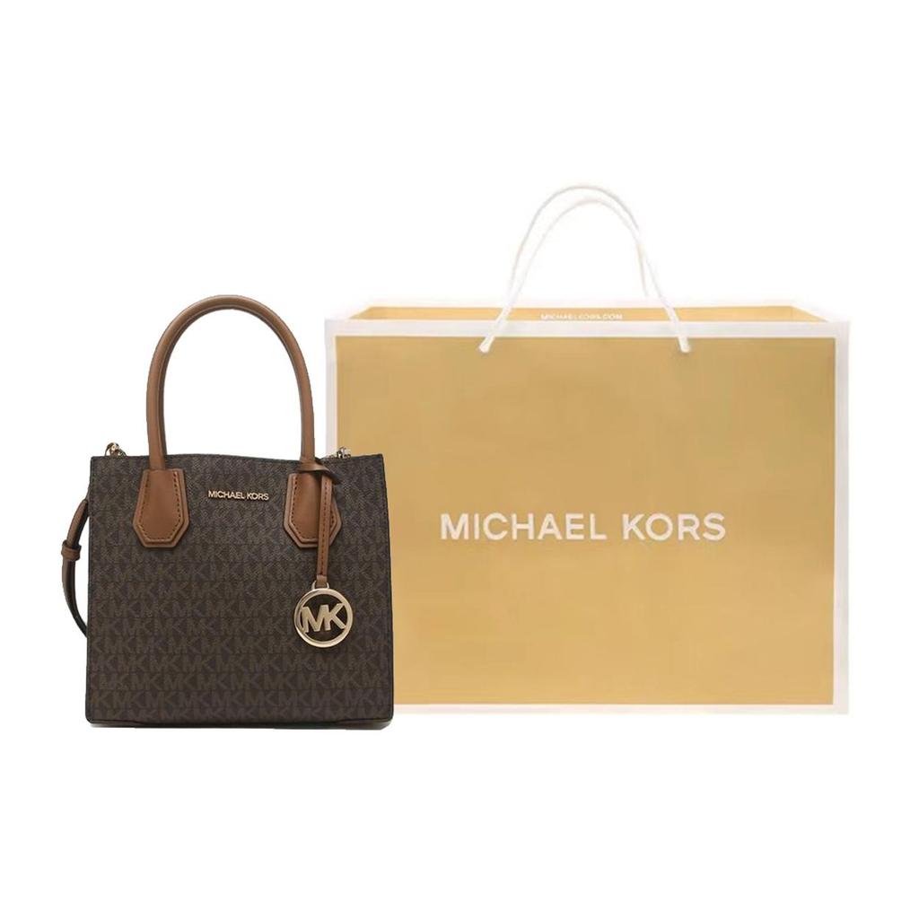 Michael Kors MK Mercer Serie Klassisch Französisch Vintage Monogramm Farbblock PVC-beschichtetes Segeltuch Akkordeon-Tasche Damen Handtaschen Braun 35S1GM9M2B-BRN