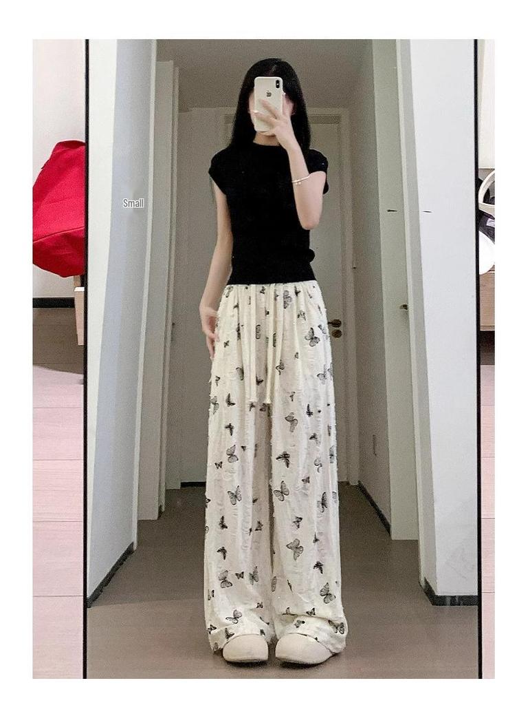 Petite High Waist Bow Wide-Leg Ice Silk Pants - Women's Summer Style