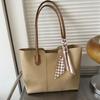 Stylish Khaki Tote Shoulder Bag, Faux Leather Commuter Purse with Checkered Scarf, Ideal for Office Use Large Capacity Tote Bag