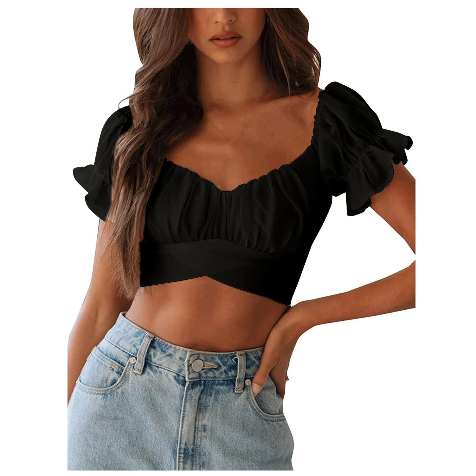 Женская модная укороченная блузка с короткими рукавами и открытыми плечами и завязкой на спине, топы L чёрный