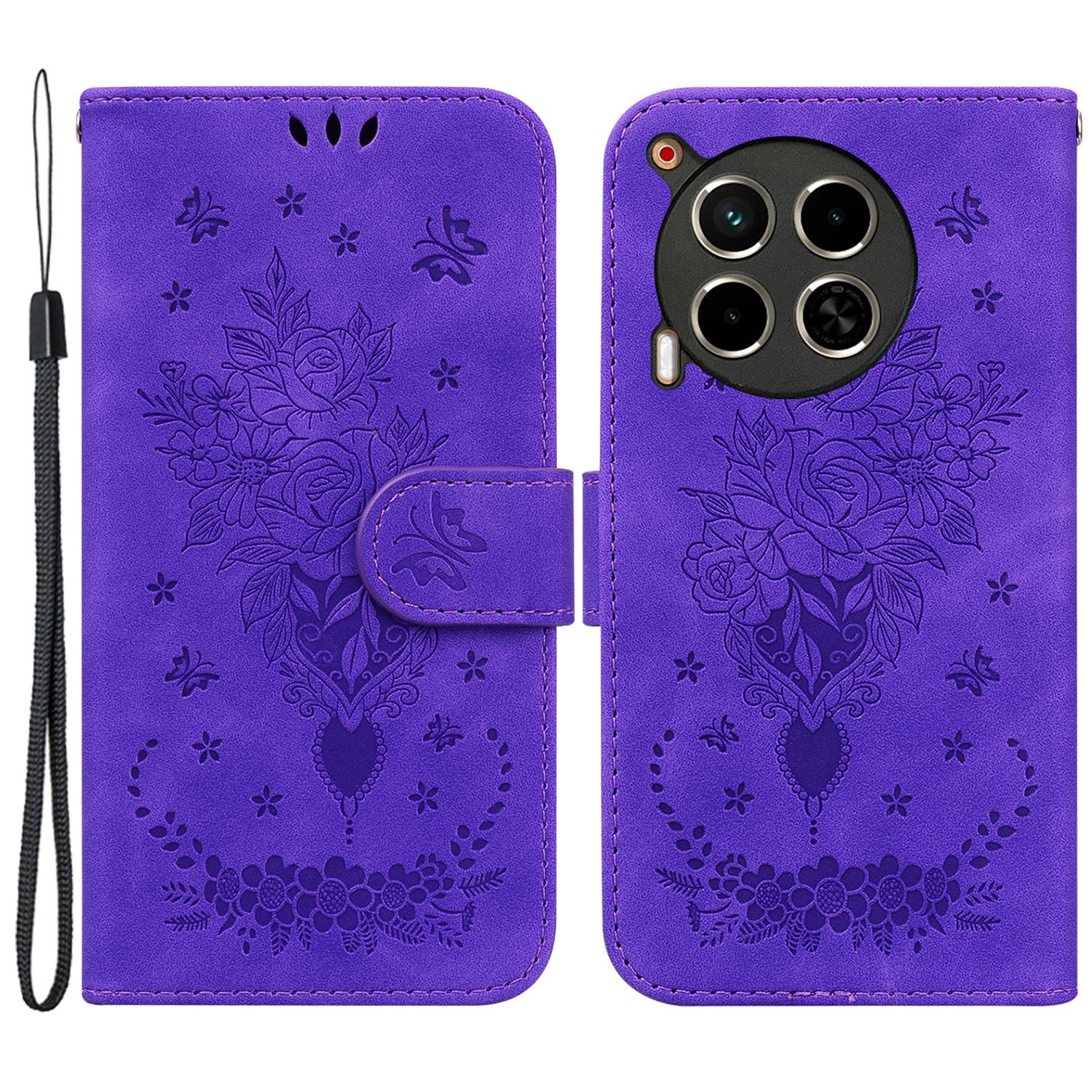 

For TECNO Camon 30 4G/30 5G Wallet Case Butterfly Rose Imprint Leather Stand Phone Cover Purple